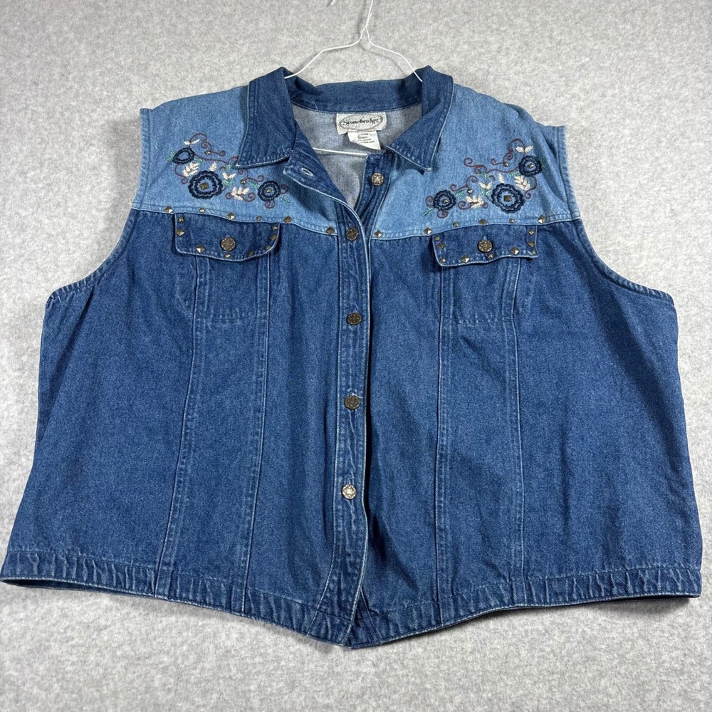 Vintage Stonebridge Denim Vest Womens 24W Blue Floral Embroidered Studded Cotton